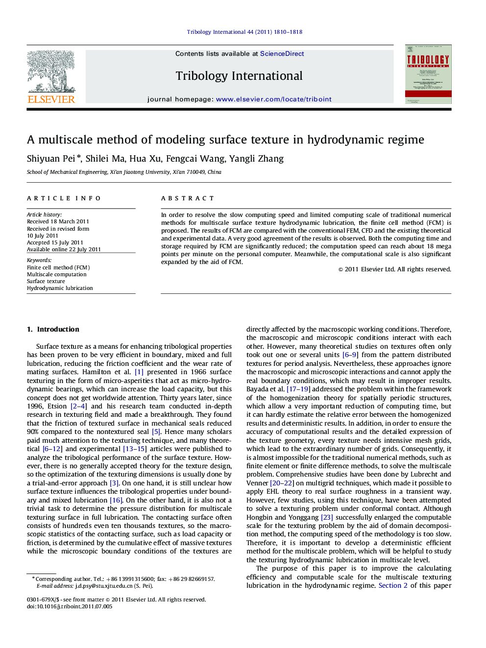 A multiscale method of modeling surface texture in hydrodynamic regime