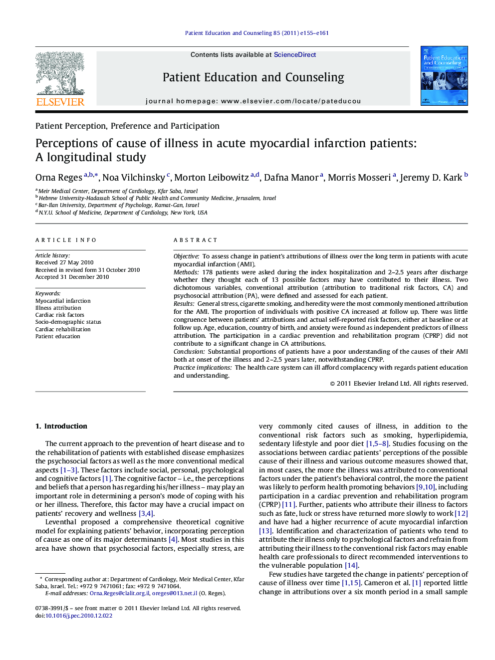 Perceptions of cause of illness in acute myocardial infarction patients: A longitudinal study