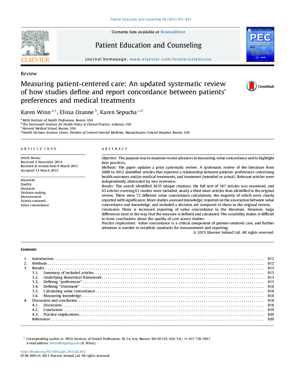 Measuring patient-centered care: An updated systematic review of how studies define and report concordance between patients' preferences and medical treatments