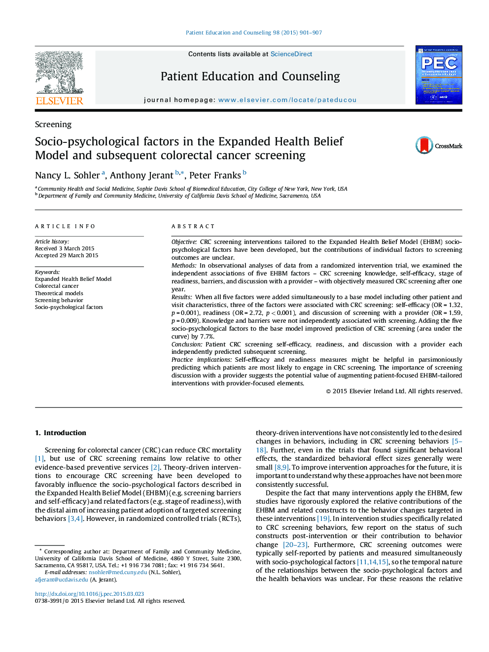 Socio-psychological factors in the Expanded Health Belief Model and subsequent colorectal cancer screening