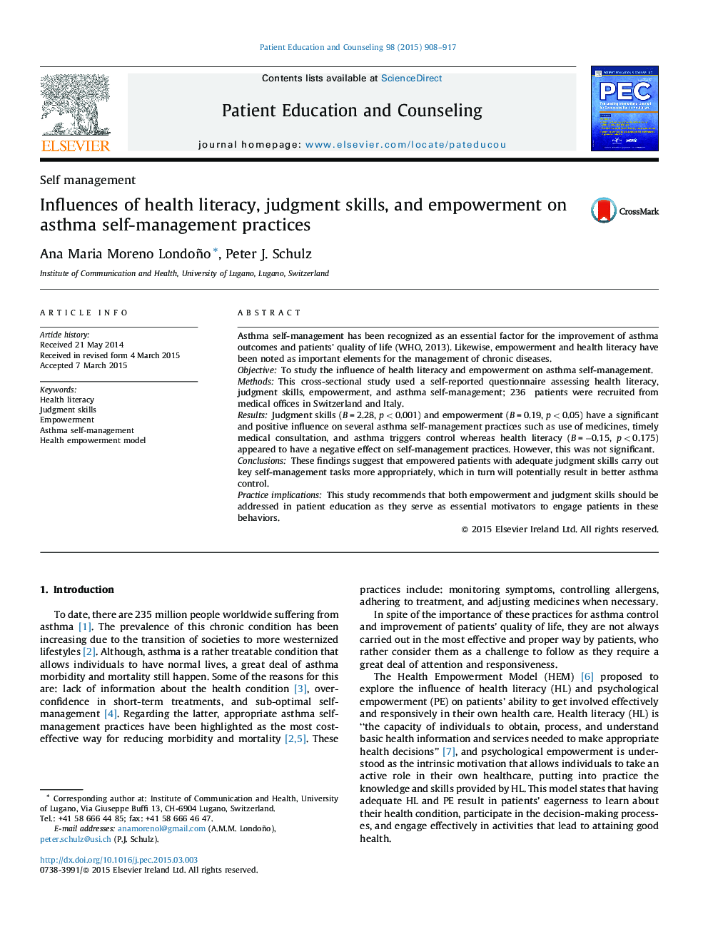 Influences of health literacy, judgment skills, and empowerment on asthma self-management practices