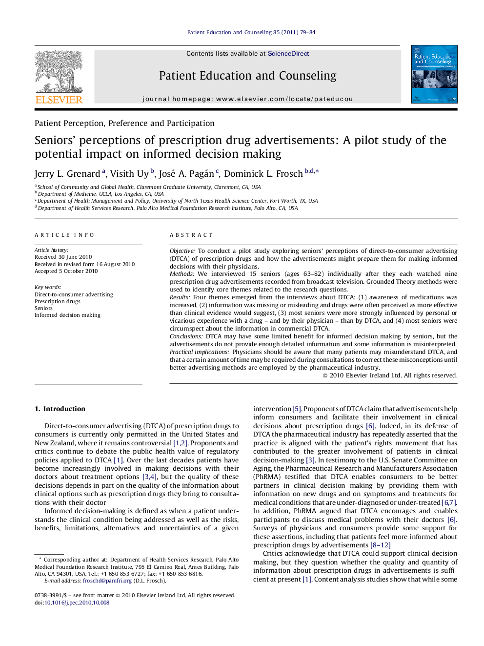 Seniors' perceptions of prescription drug advertisements: A pilot study of the potential impact on informed decision making