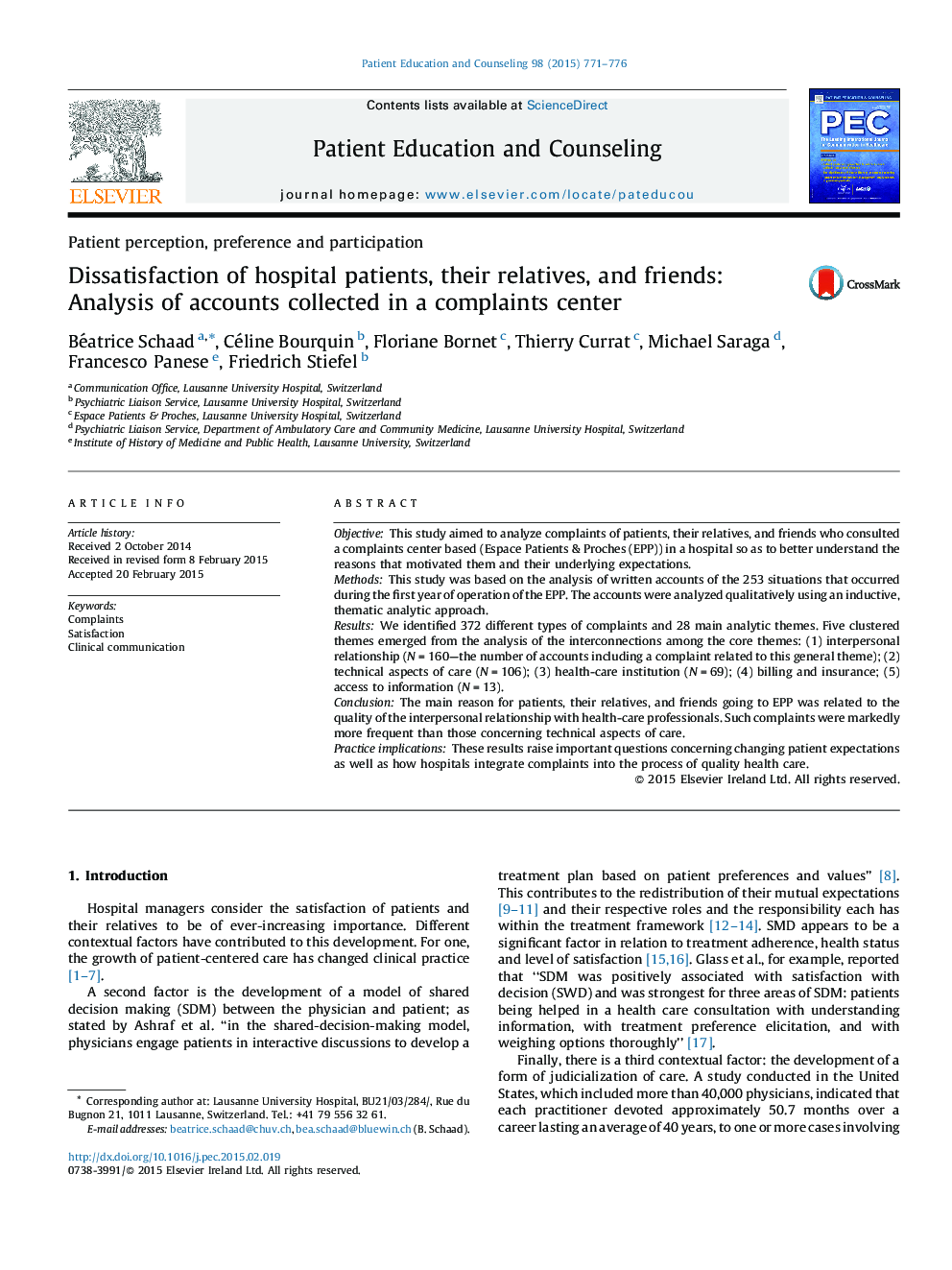 Dissatisfaction of hospital patients, their relatives, and friends: Analysis of accounts collected in a complaints center