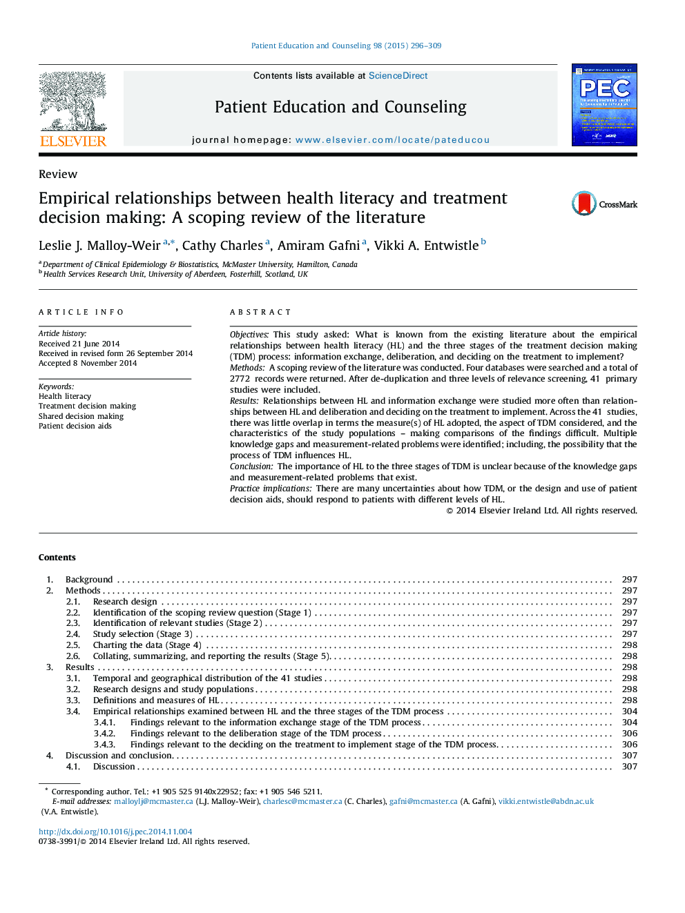 Empirical relationships between health literacy and treatment decision making: A scoping review of the literature