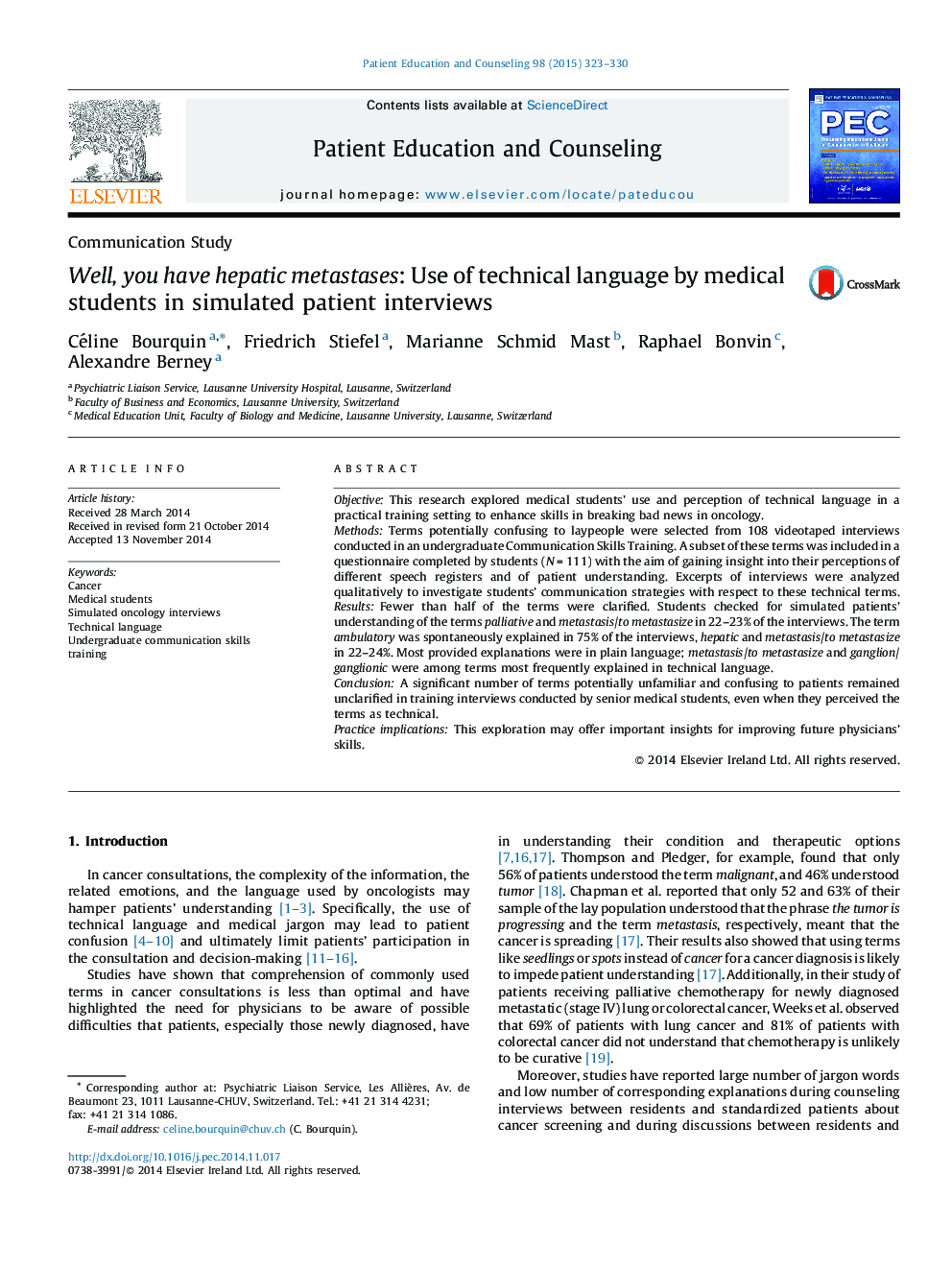 Well, you have hepatic metastases: Use of technical language by medical students in simulated patient interviews