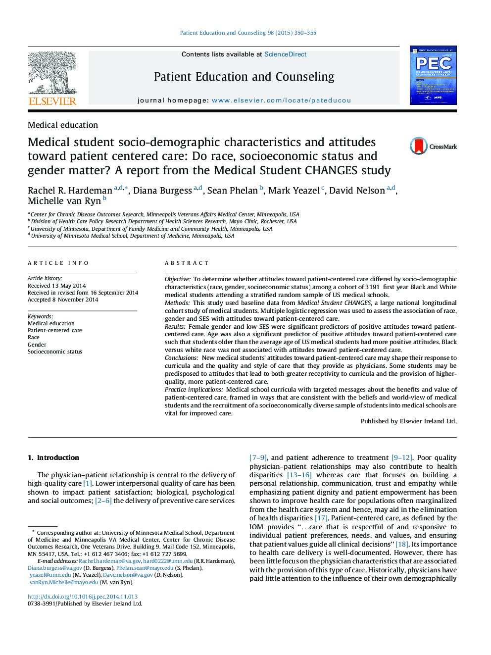 Medical student socio-demographic characteristics and attitudes toward patient centered care: Do race, socioeconomic status and gender matter? A report from the Medical Student CHANGES study