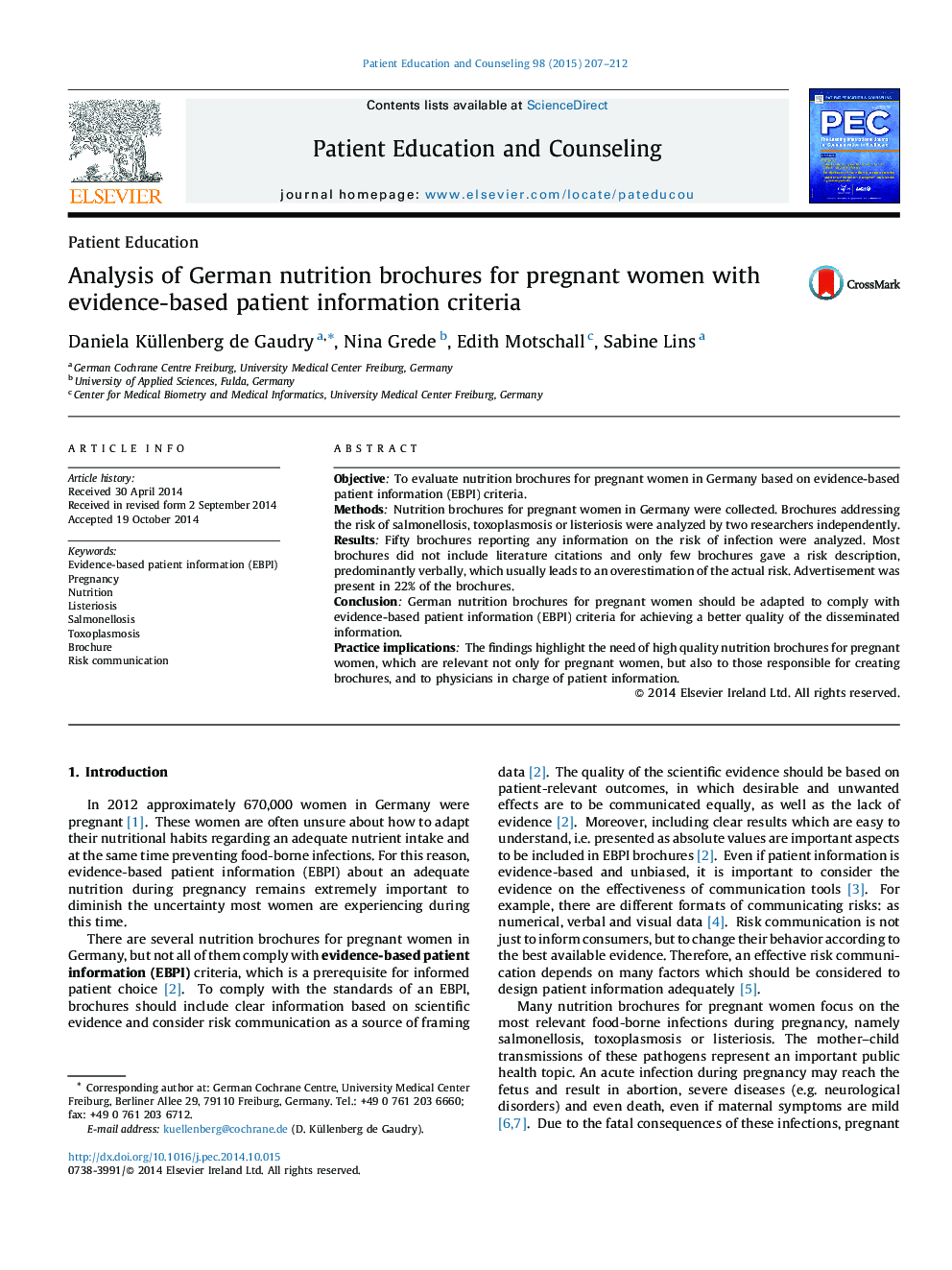 Analysis of German nutrition brochures for pregnant women with evidence-based patient information criteria