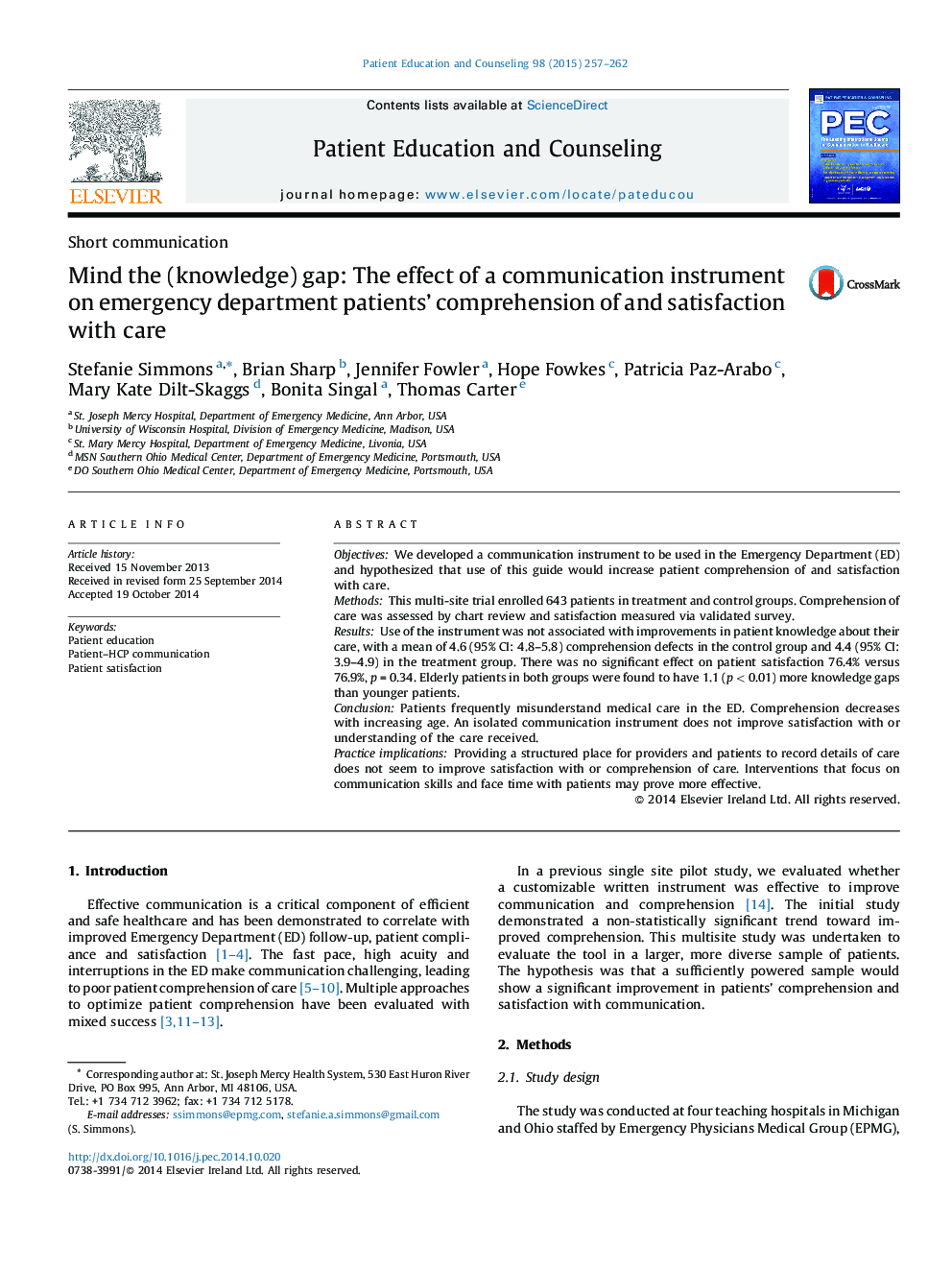 Mind the (knowledge) gap: The effect of a communication instrument on emergency department patients' comprehension of and satisfaction with care