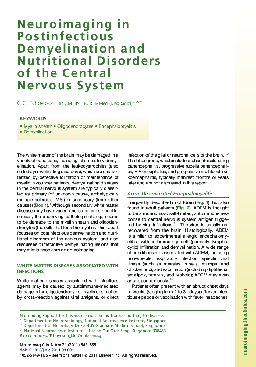 Neuroimaging in Postinfectious Demyelination and Nutritional Disorders of the Central Nervous System