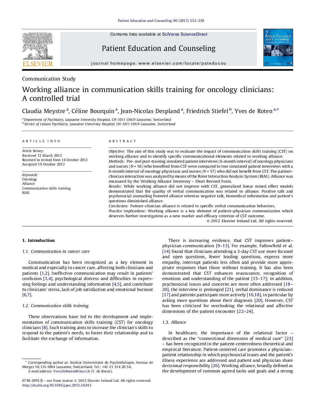 Working alliance in communication skills training for oncology clinicians: A controlled trial