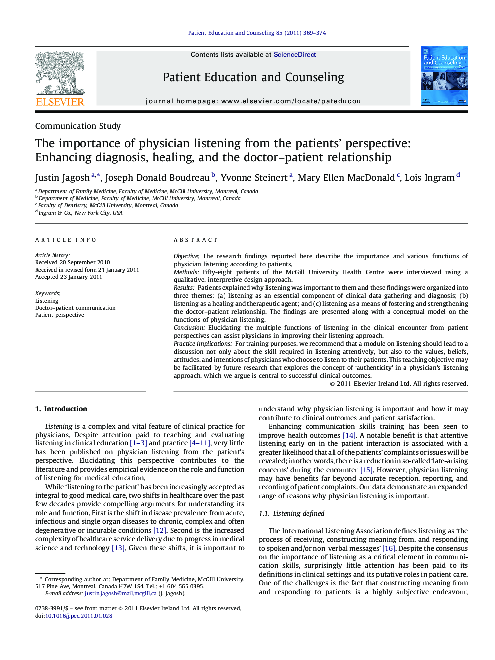 The importance of physician listening from the patients' perspective: Enhancing diagnosis, healing, and the doctor-patient relationship