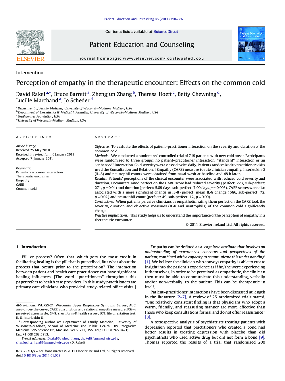 Perception of empathy in the therapeutic encounter: Effects on the common cold