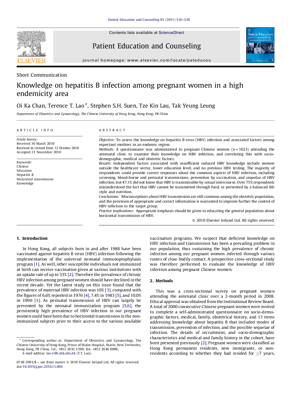 Knowledge on hepatitis B infection among pregnant women in a high endemicity area