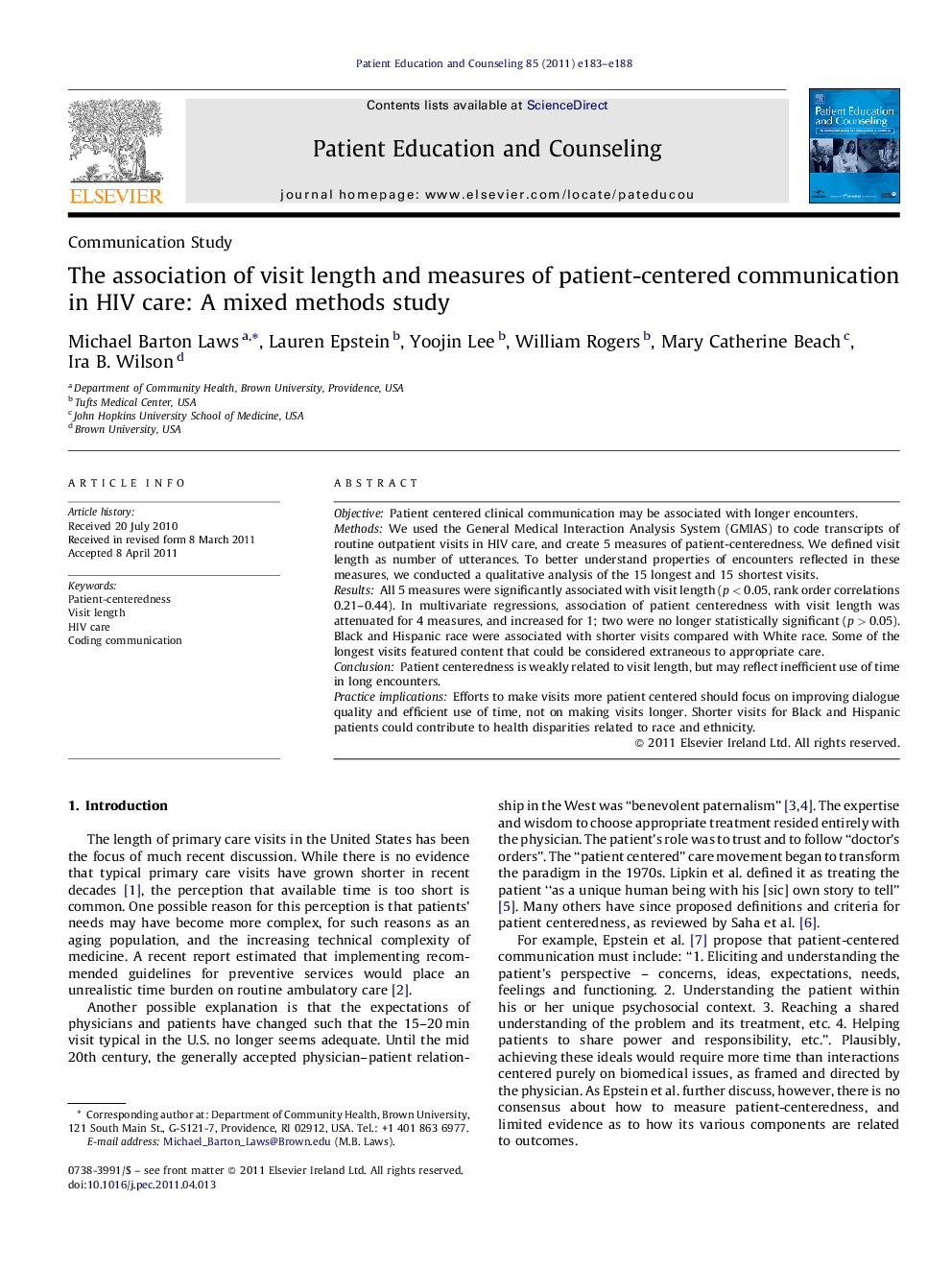 The association of visit length and measures of patient-centered communication in HIV care: A mixed methods study