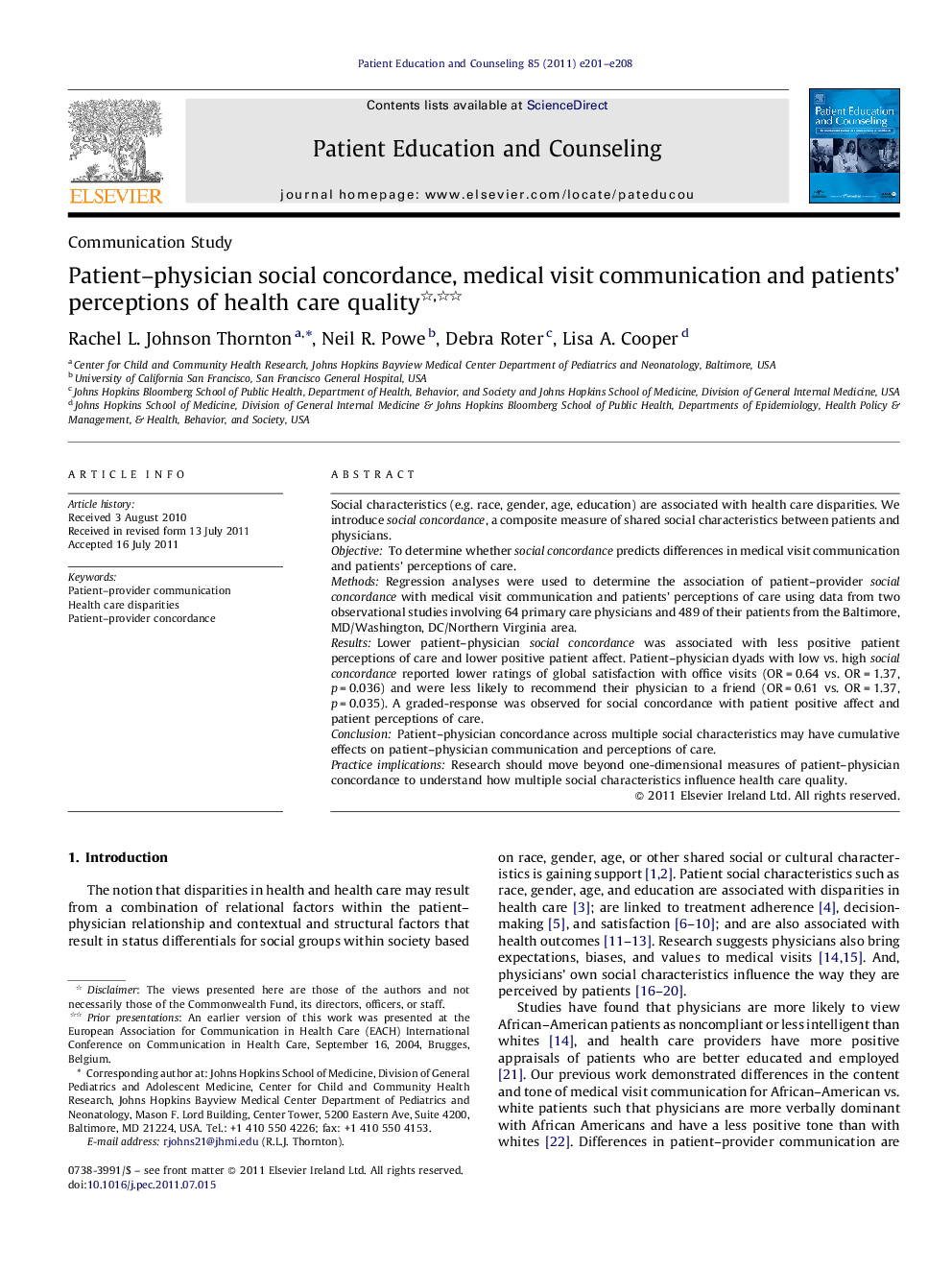 Patient-physician social concordance, medical visit communication and patients' perceptions of health care quality