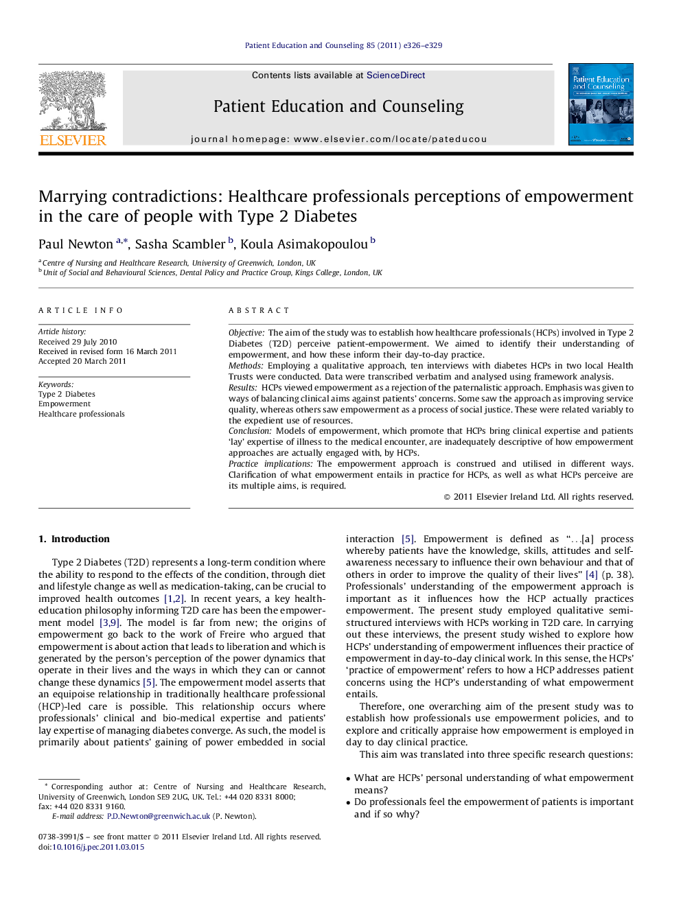 Marrying contradictions: Healthcare professionals perceptions of empowerment in the care of people with Type 2 Diabetes