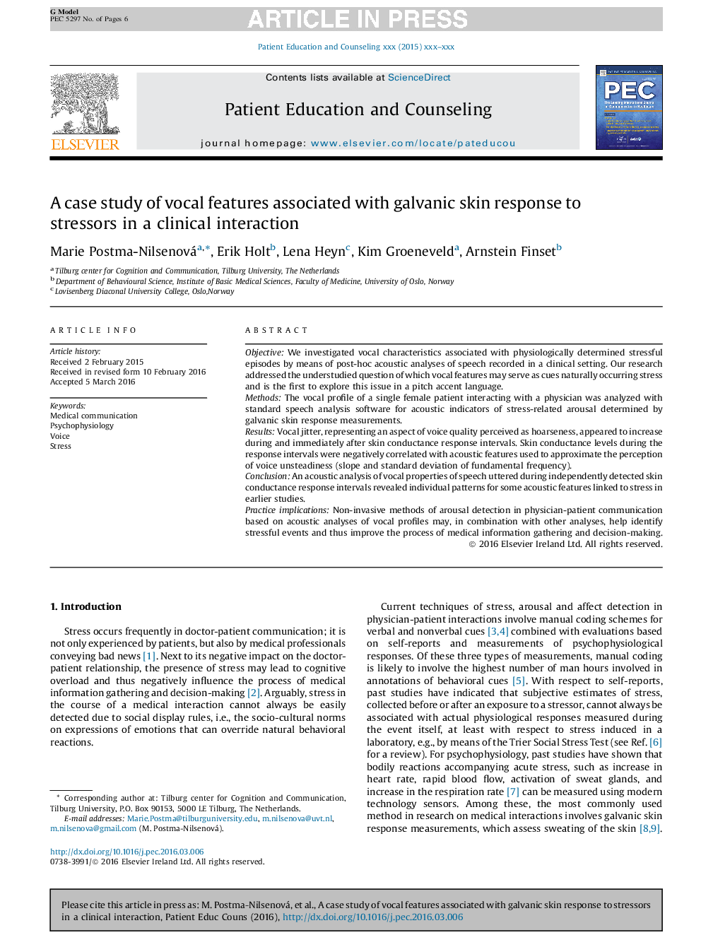 A case study of vocal features associated with galvanic skin response to stressors in a clinical interaction