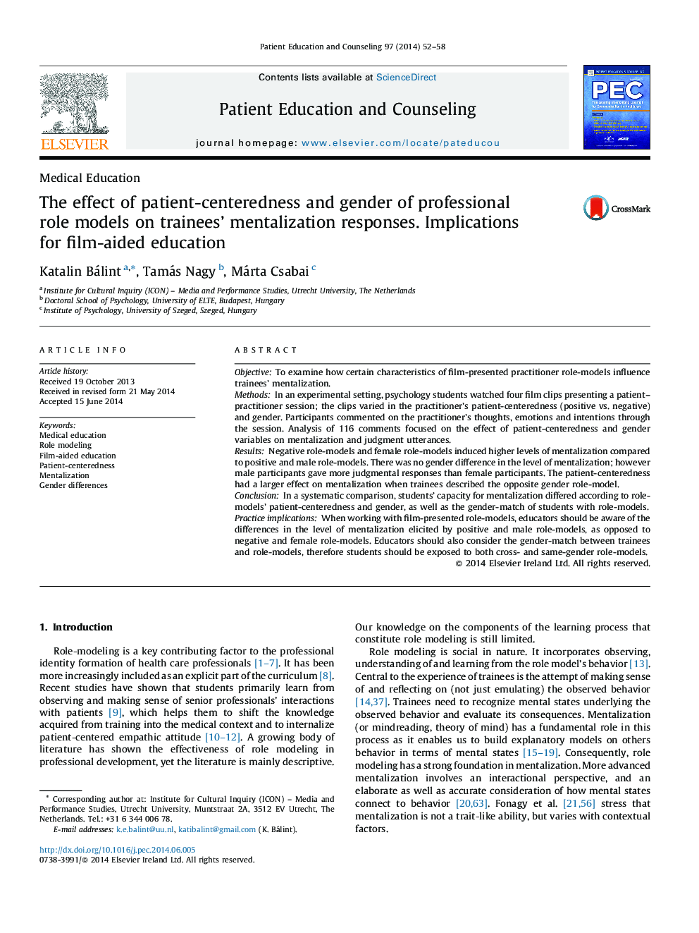 The effect of patient-centeredness and gender of professional role models on trainees' mentalization responses. Implications for film-aided education