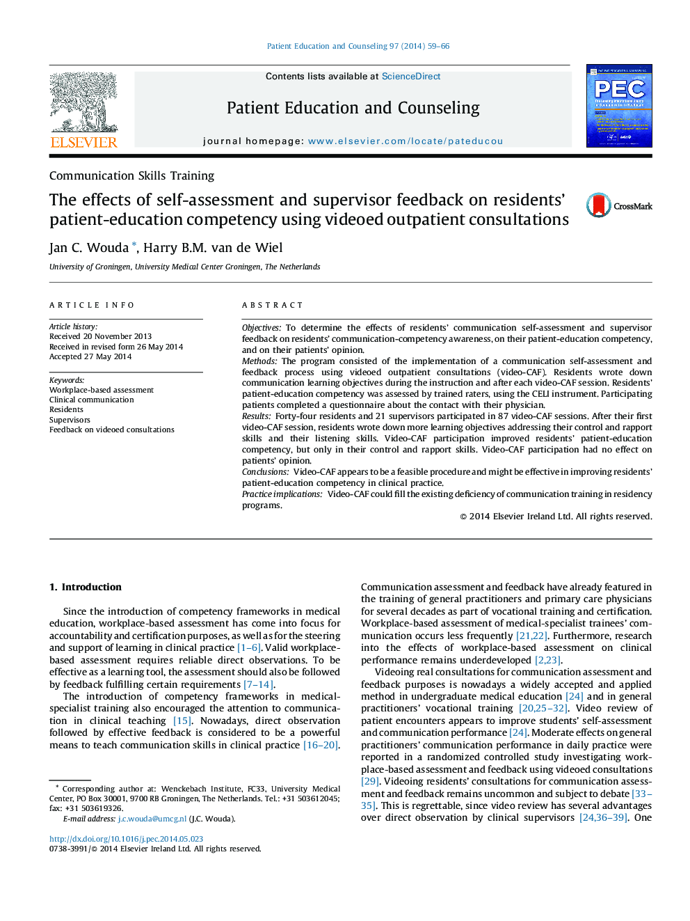 The effects of self-assessment and supervisor feedback on residents' patient-education competency using videoed outpatient consultations