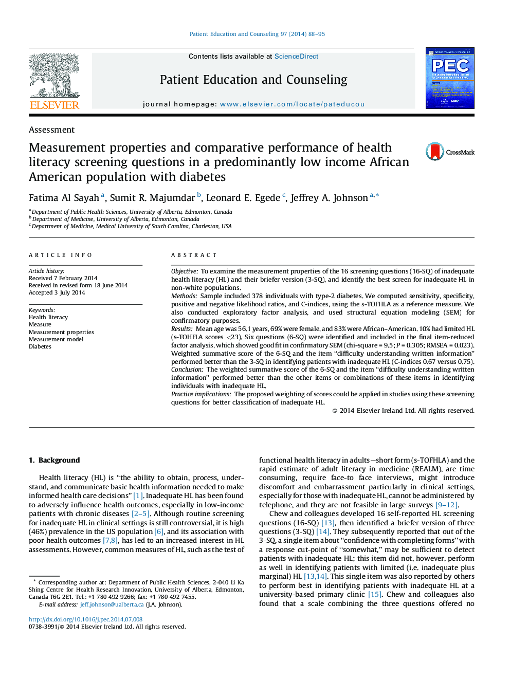 Measurement properties and comparative performance of health literacy screening questions in a predominantly low income African American population with diabetes