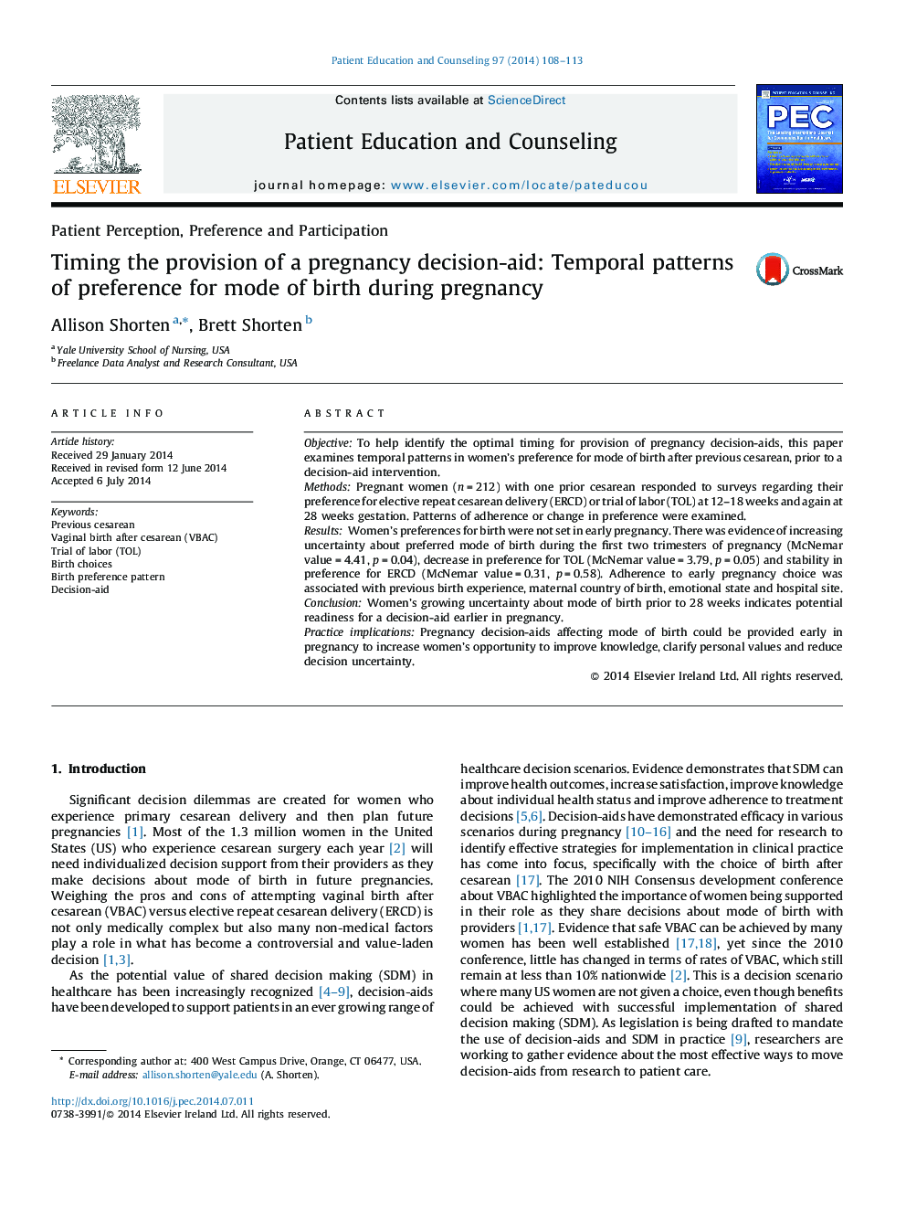 Timing the provision of a pregnancy decision-aid: Temporal patterns of preference for mode of birth during pregnancy