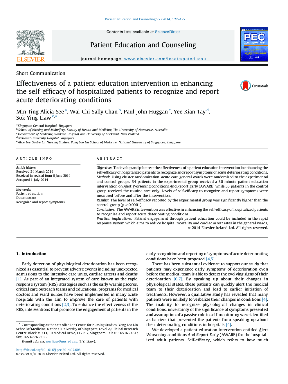 Effectiveness of a patient education intervention in enhancing the self-efficacy of hospitalized patients to recognize and report acute deteriorating conditions