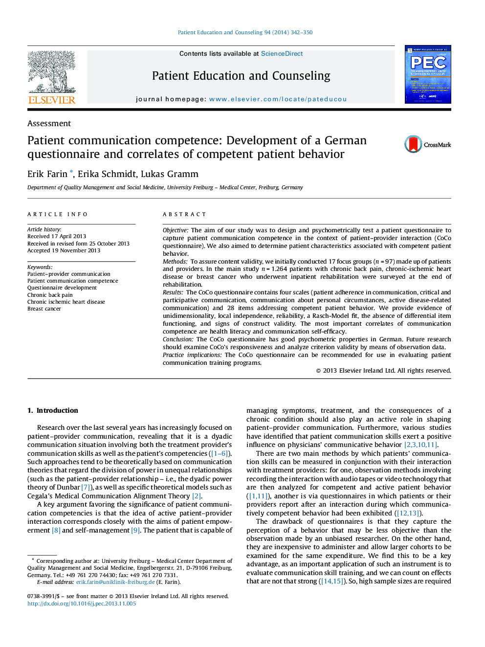 Patient communication competence: Development of a German questionnaire and correlates of competent patient behavior