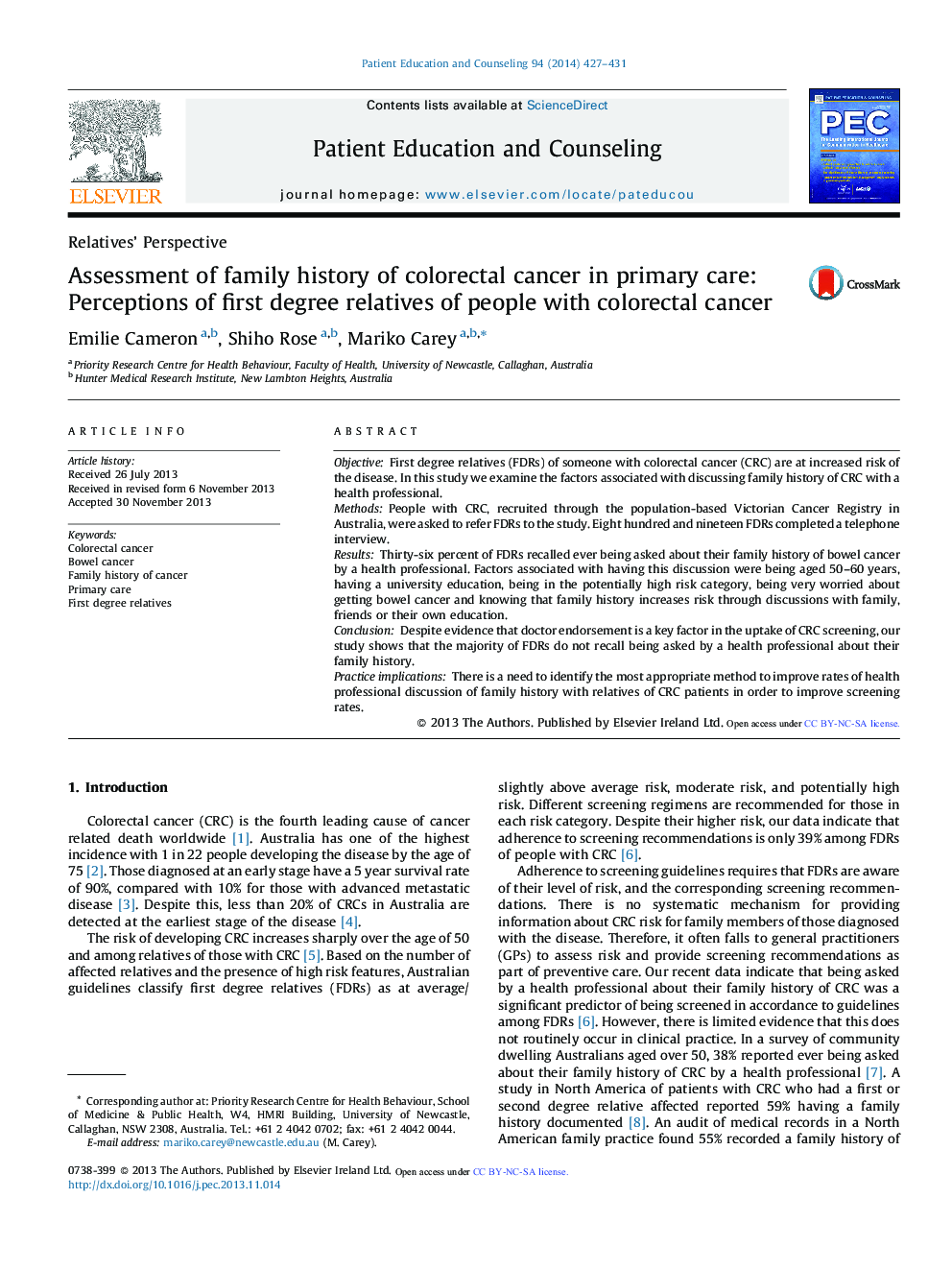 Assessment of family history of colorectal cancer in primary care: Perceptions of first degree relatives of people with colorectal cancer