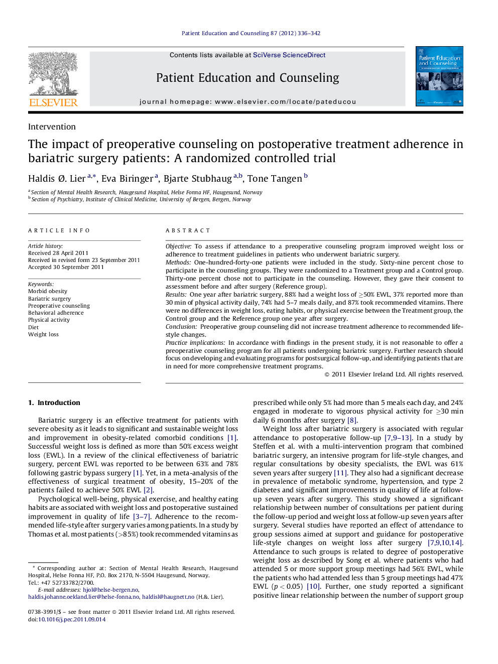 The impact of preoperative counseling on postoperative treatment adherence in bariatric surgery patients: A randomized controlled trial