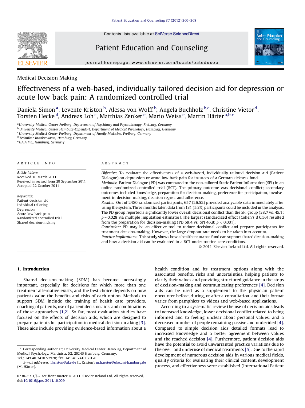 Effectiveness of a web-based, individually tailored decision aid for depression or acute low back pain: A randomized controlled trial