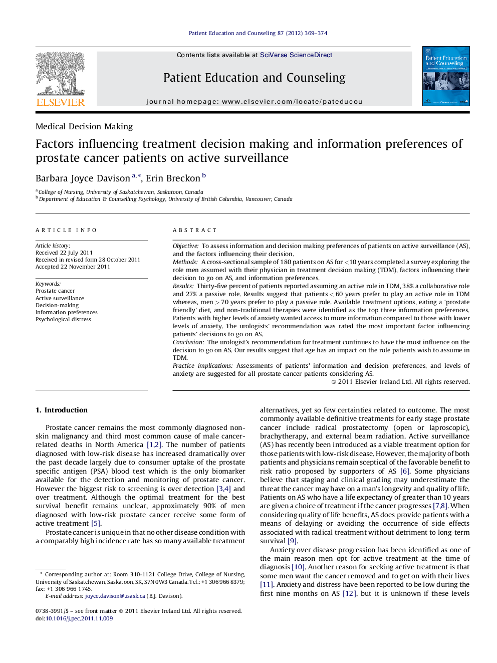 Factors influencing treatment decision making and information preferences of prostate cancer patients on active surveillance