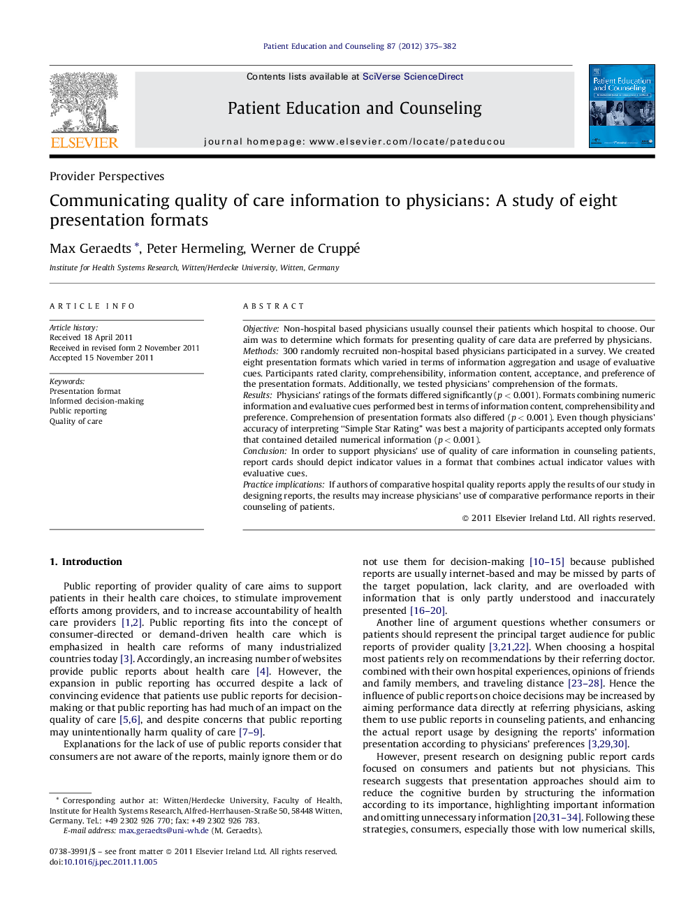 Communicating quality of care information to physicians: A study of eight presentation formats