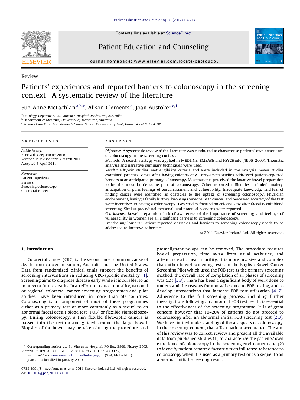 Patients' experiences and reported barriers to colonoscopy in the screening context-A systematic review of the literature