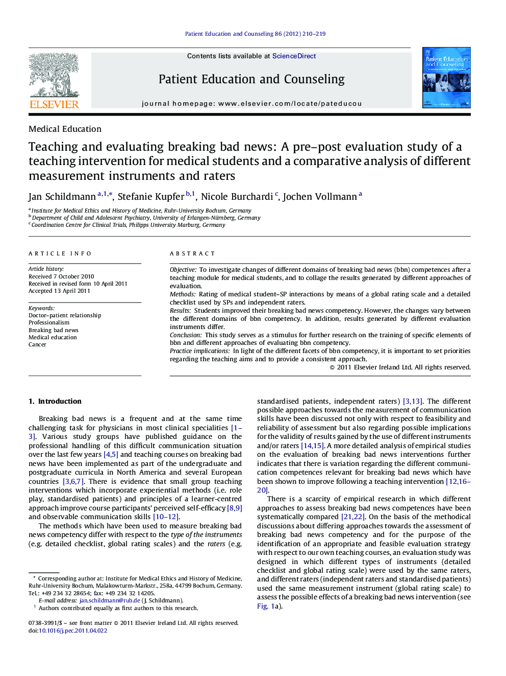 Teaching and evaluating breaking bad news: A pre-post evaluation study of a teaching intervention for medical students and a comparative analysis of different measurement instruments and raters