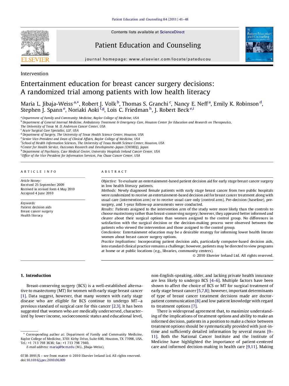 Entertainment education for breast cancer surgery decisions: A randomized trial among patients with low health literacy