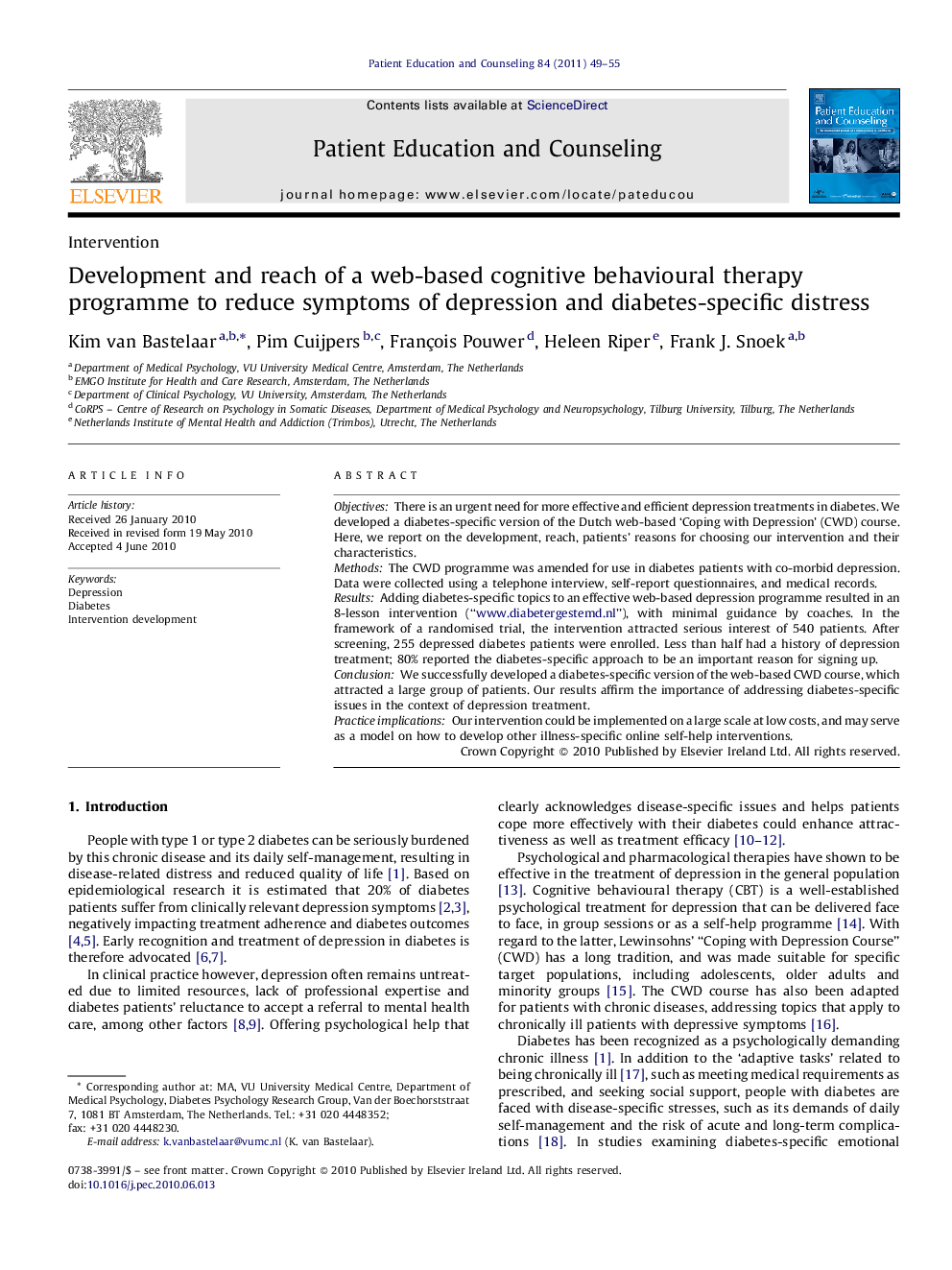 Development and reach of a web-based cognitive behavioural therapy programme to reduce symptoms of depression and diabetes-specific distress