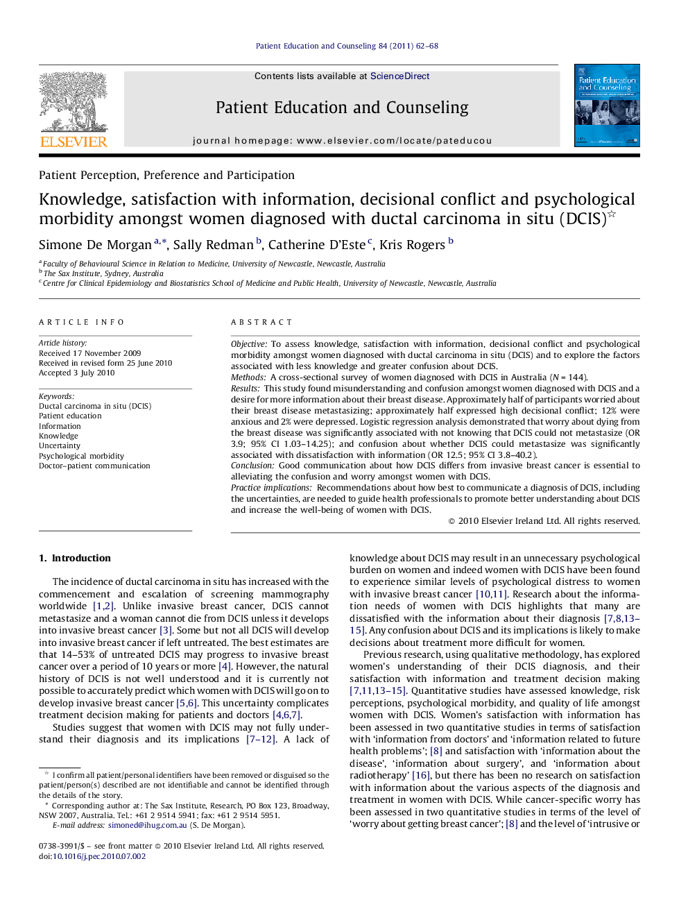 Knowledge, satisfaction with information, decisional conflict and psychological morbidity amongst women diagnosed with ductal carcinoma in situ (DCIS)