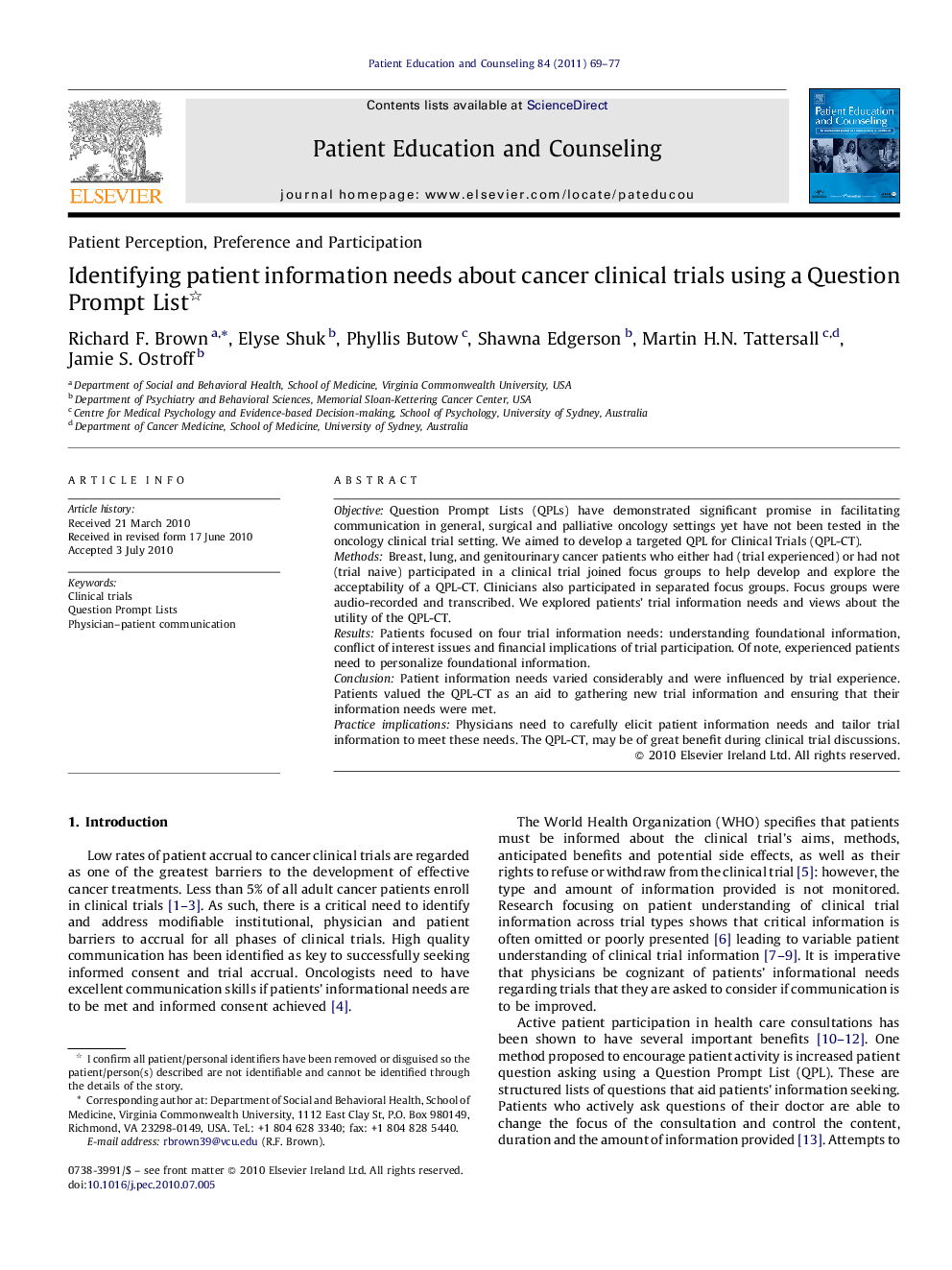 Patient Perception, Preference and ParticipationIdentifying patient information needs about cancer clinical trials using a Question Prompt List