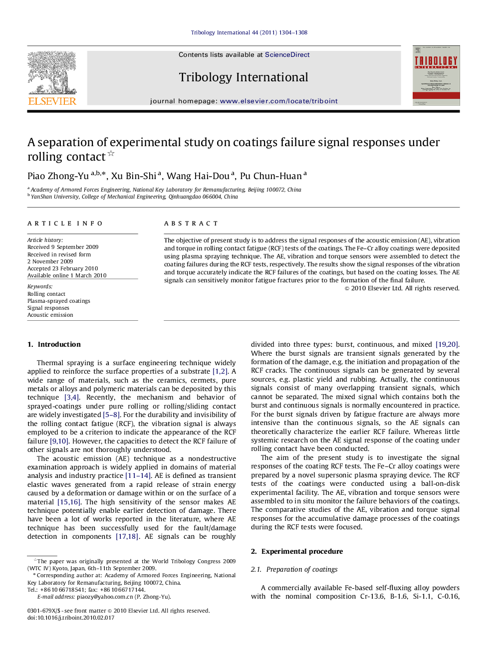 عکس صفحه اول مقاله: A separation of experimental study on coatings failure signal responses under rolling contact A separation of experimental study on coatings failure signal responses under rolling contact