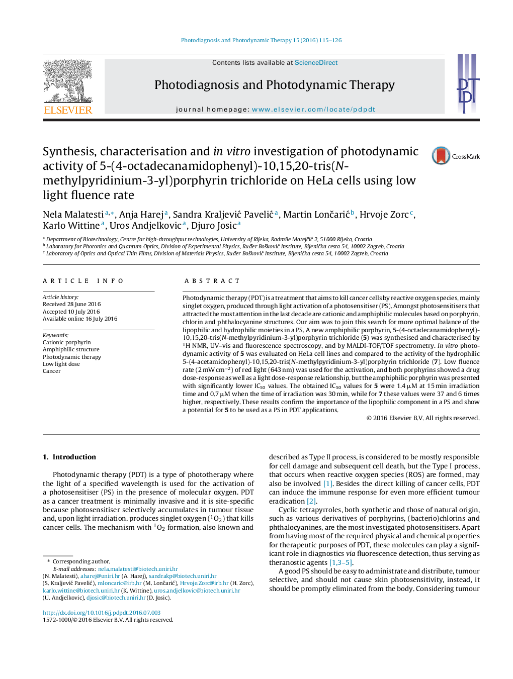 Synthesis, characterisation and in vitro investigation of photodynamic activity of 5-(4-octadecanamidophenyl)-10,15,20-tris(N-methylpyridinium-3-yl)porphyrin trichloride on HeLa cells using low light fluence rate