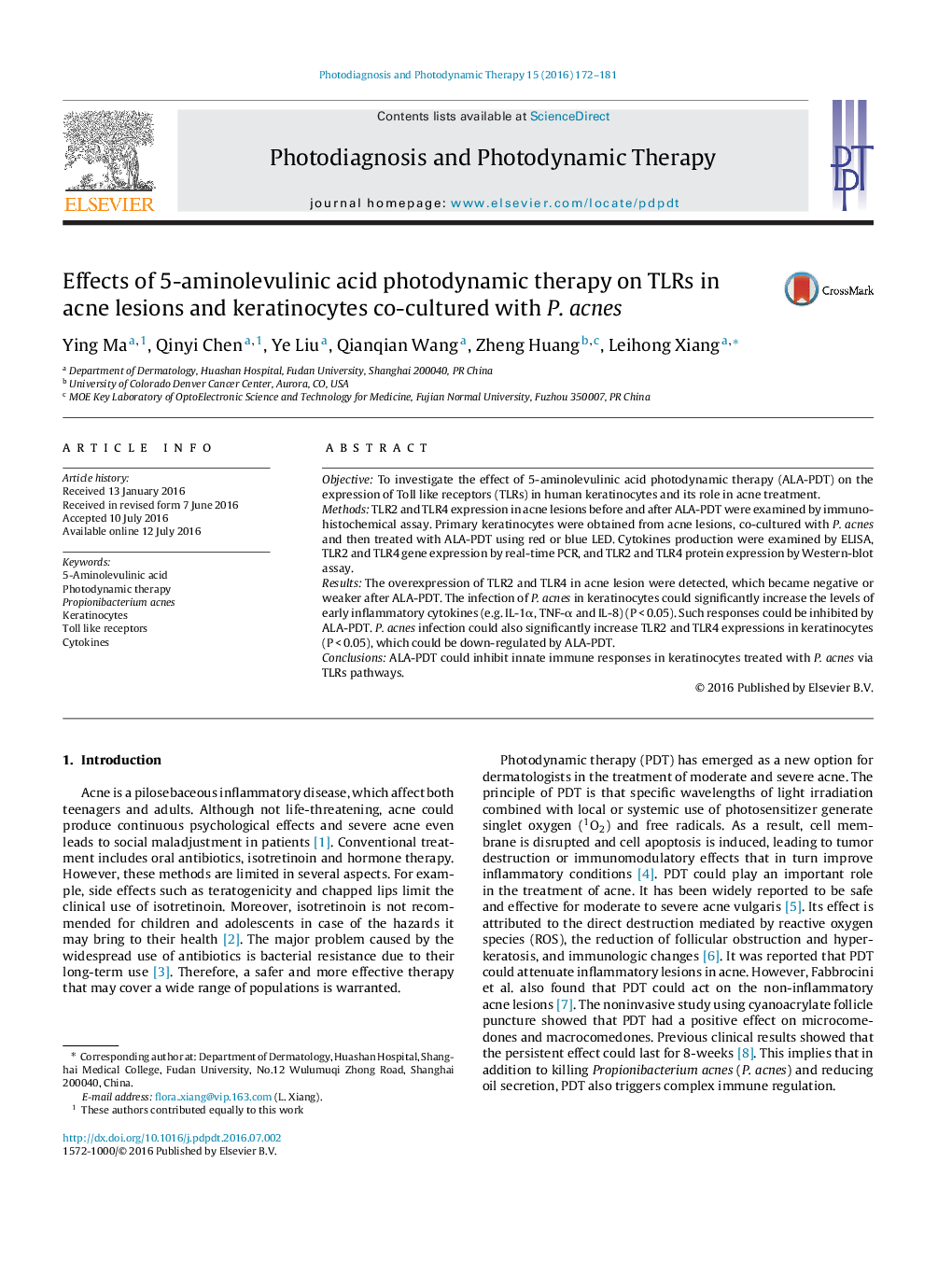 Effects of 5-aminolevulinic acid photodynamic therapy on TLRs in acne lesions and keratinocytes co-cultured with P. acnes