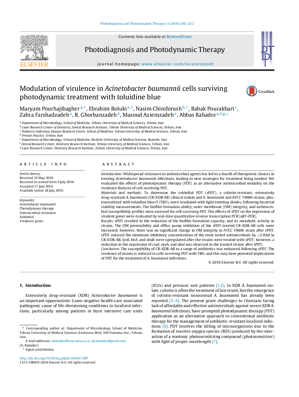 Modulation of virulence in Acinetobacter baumannii cells surviving photodynamic treatment with toluidine blue