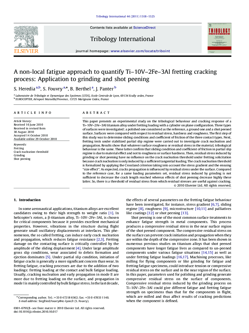 عکس صفحه اول مقاله: A non-local fatigue approach to quantify Ti–10V–2Fe–3Al fretting cracking process: Application to grinding and shot peening A non-local fatigue approach to quantify Ti–10V–2Fe–3Al fretting cracking process: Application to grinding and shot peening