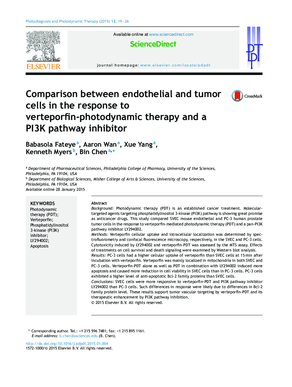 Comparison between endothelial and tumor cells in the response to verteporfin-photodynamic therapy and a PI3K pathway inhibitor