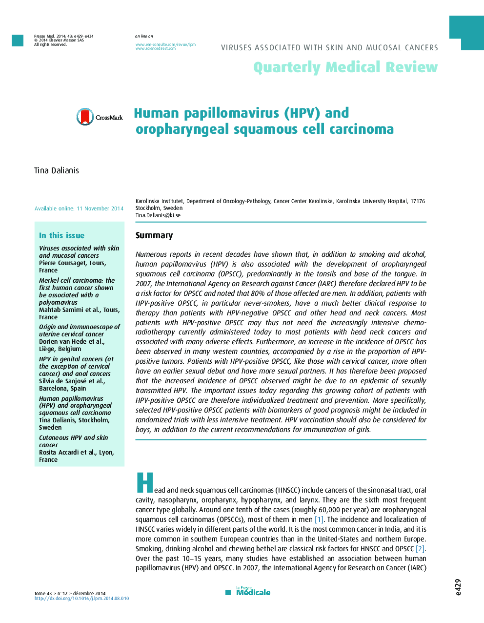 Human papillomavirus (HPV) and oropharyngeal squamous cell carcinoma