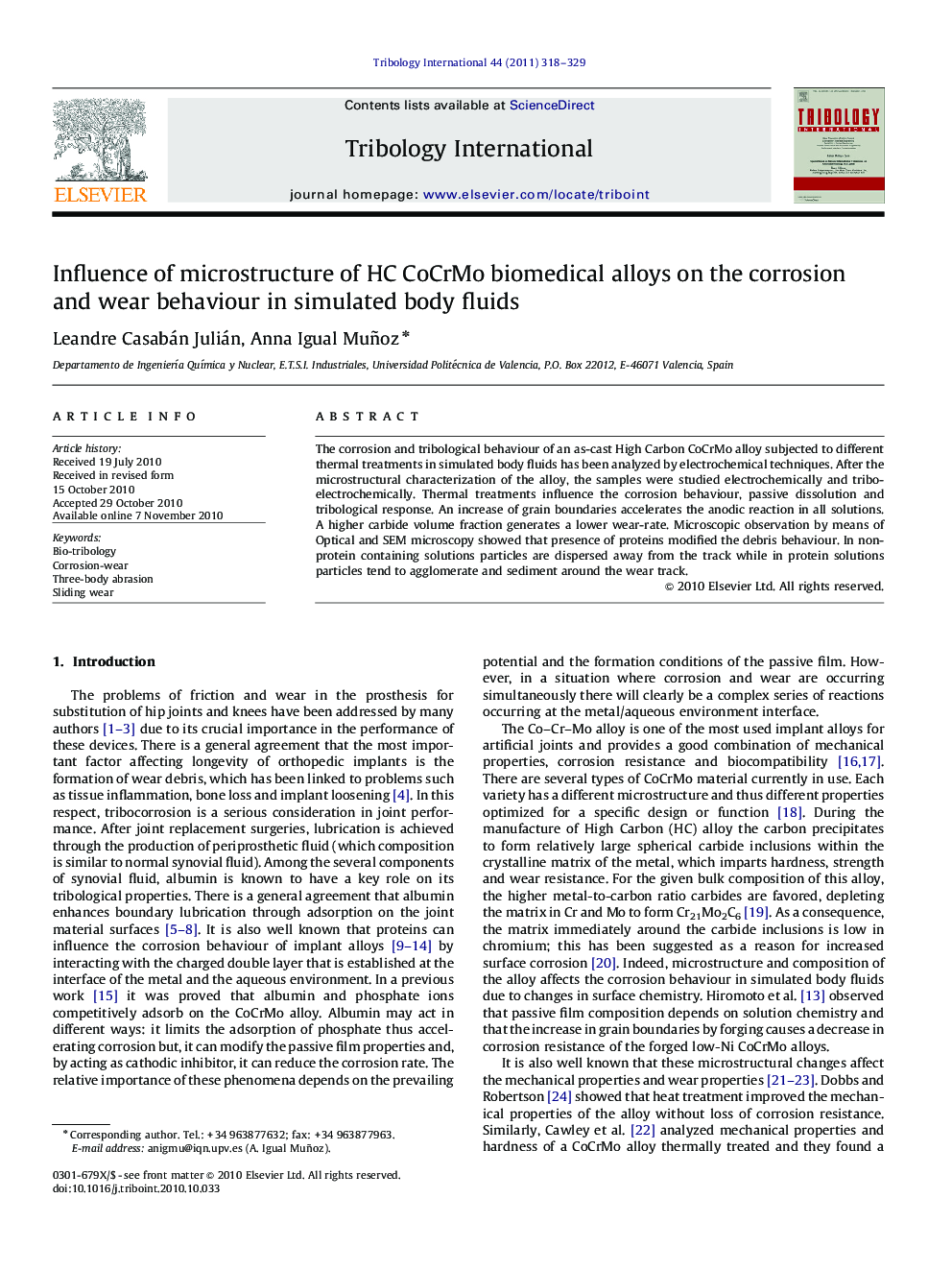 Influence of microstructure of HC CoCrMo biomedical alloys on the corrosion and wear behaviour in simulated body fluids