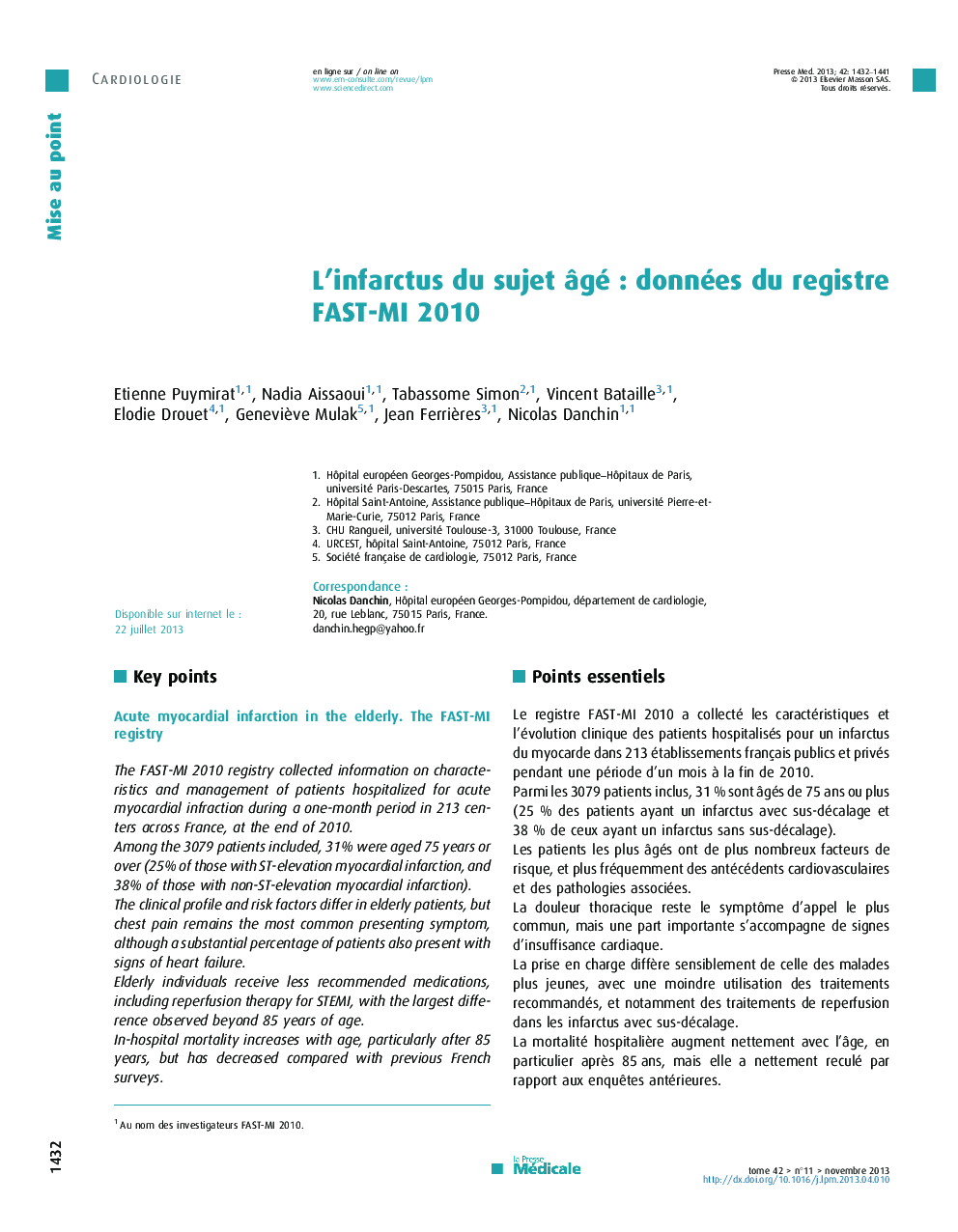 L'infarctus du sujet Ã¢géÂ : données du registre FAST-MI 2010