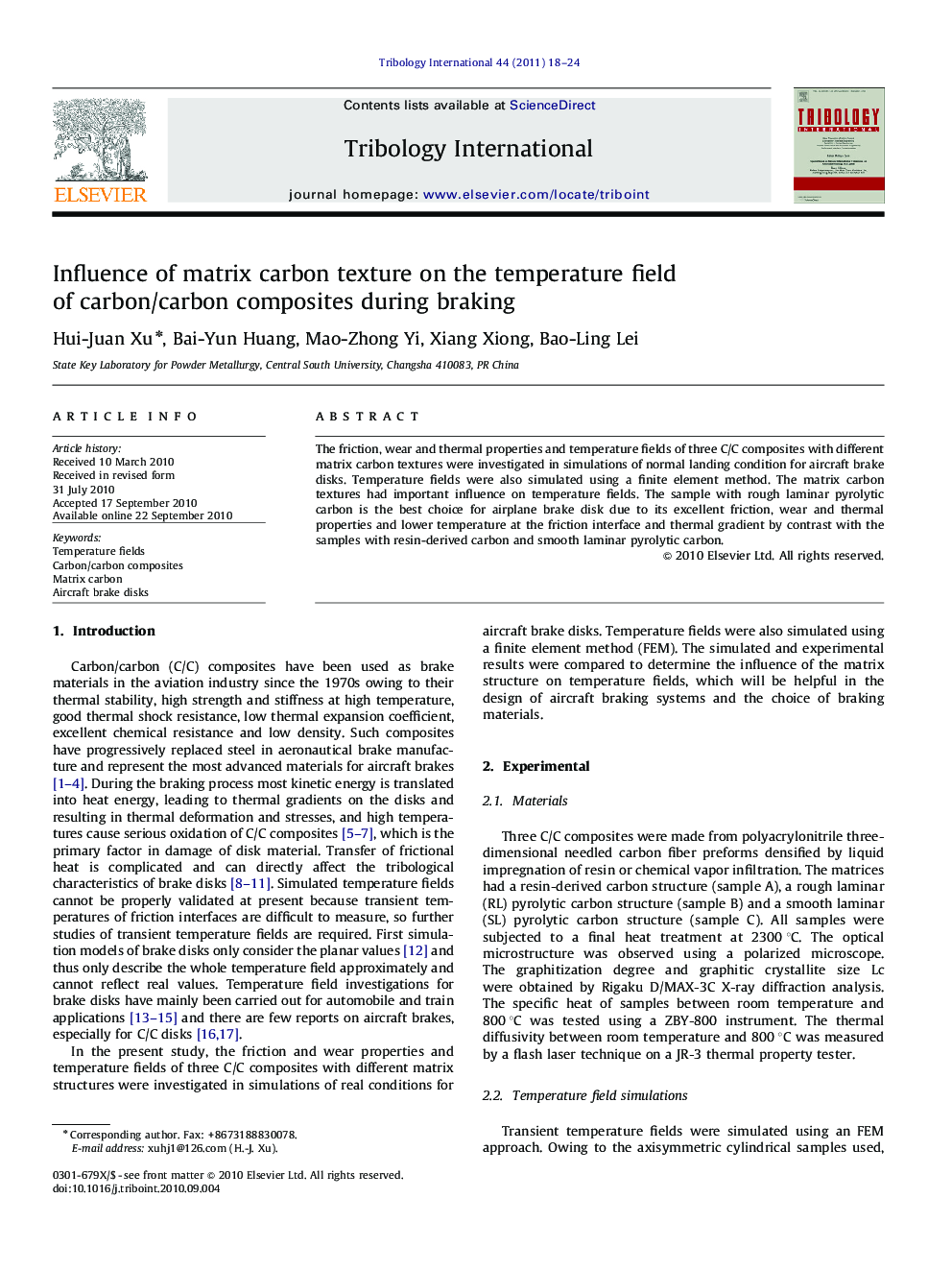 Influence of matrix carbon texture on the temperature field of carbon/carbon composites during braking