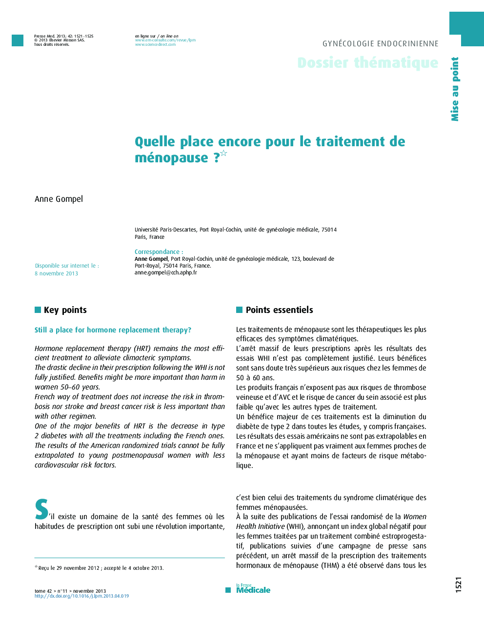 Quelle place encore pour le traitement de ménopauseÂ ?