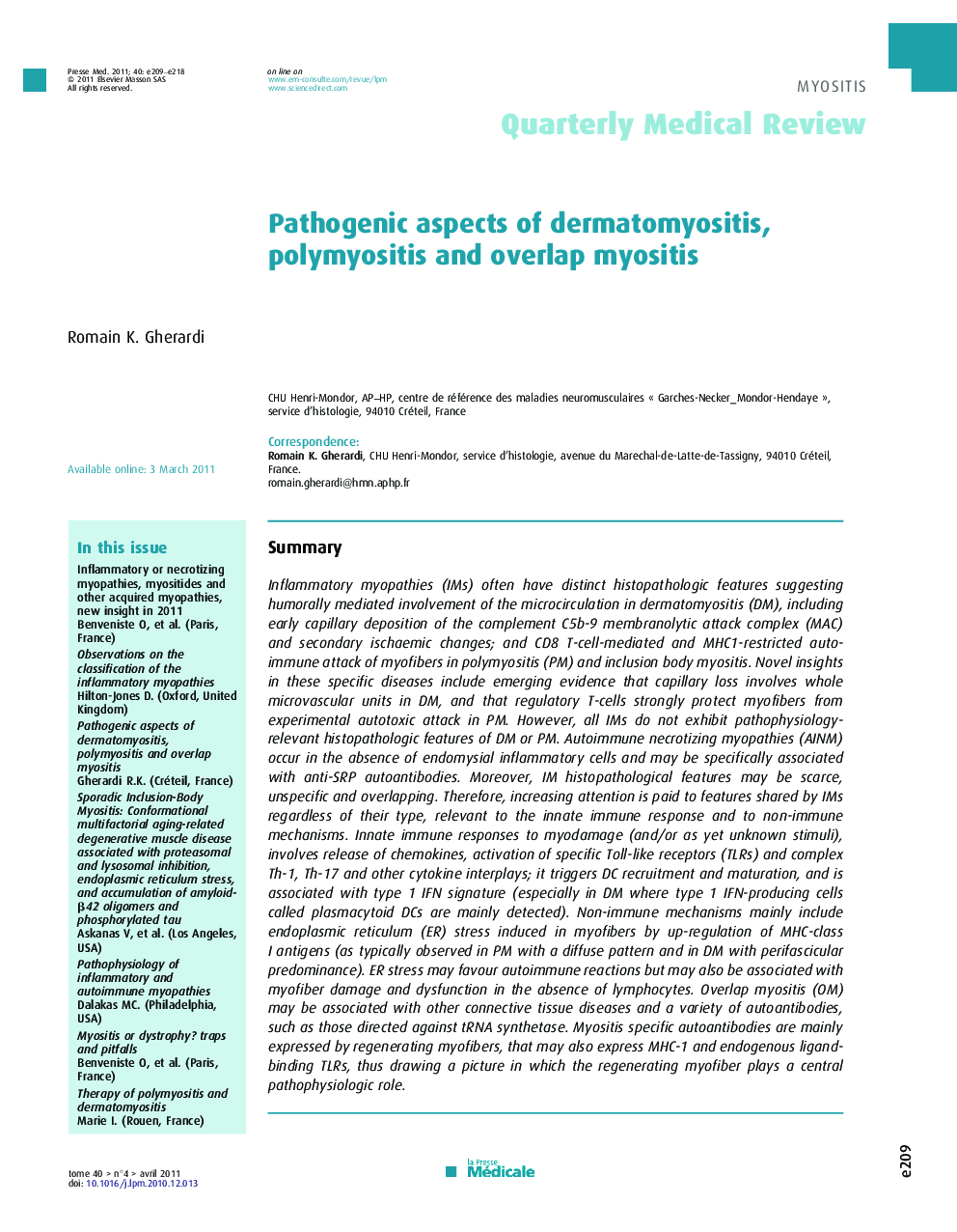Pathogenic aspects of dermatomyositis, polymyositis and overlap myositis
